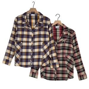 Lot of 2 COLUMBIA Sportswear Co. Flannel Shirts Women's Sz L Plaid Cotton Button